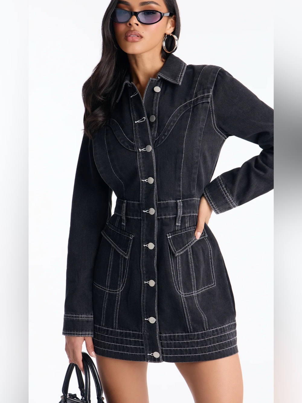 Fashion Nova ROUND 'EM UP LONG SLEEVE DENIM MINI DRESS